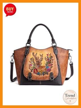 Vintage Genuine Leather Floral Deer Satchel Handbag Crossbody Purse